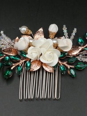 White Rose and Crystal Hair Comb in Rose Gold